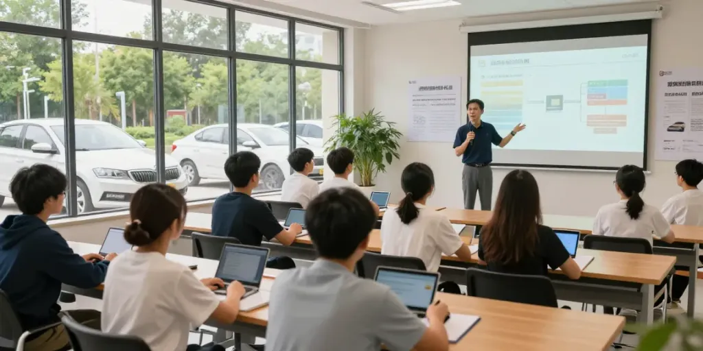 Students learning to obtain permis de conducere chisinau in a bright driving school classroom.