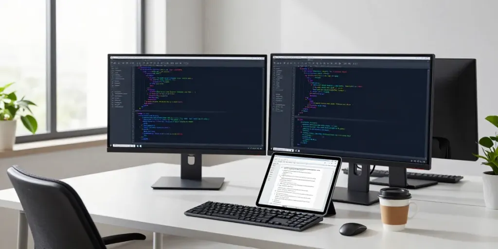 Developer coding in Notepad++ at a modern workspace <https://notepad-app.co/>