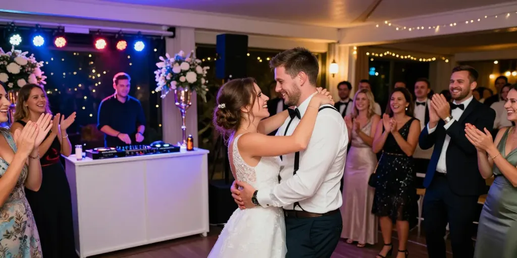 Hochzeit DJ Berlin Brandenburg: Fröhliches Paar tanzt mit Gästen bei der Hochzeitsfeier