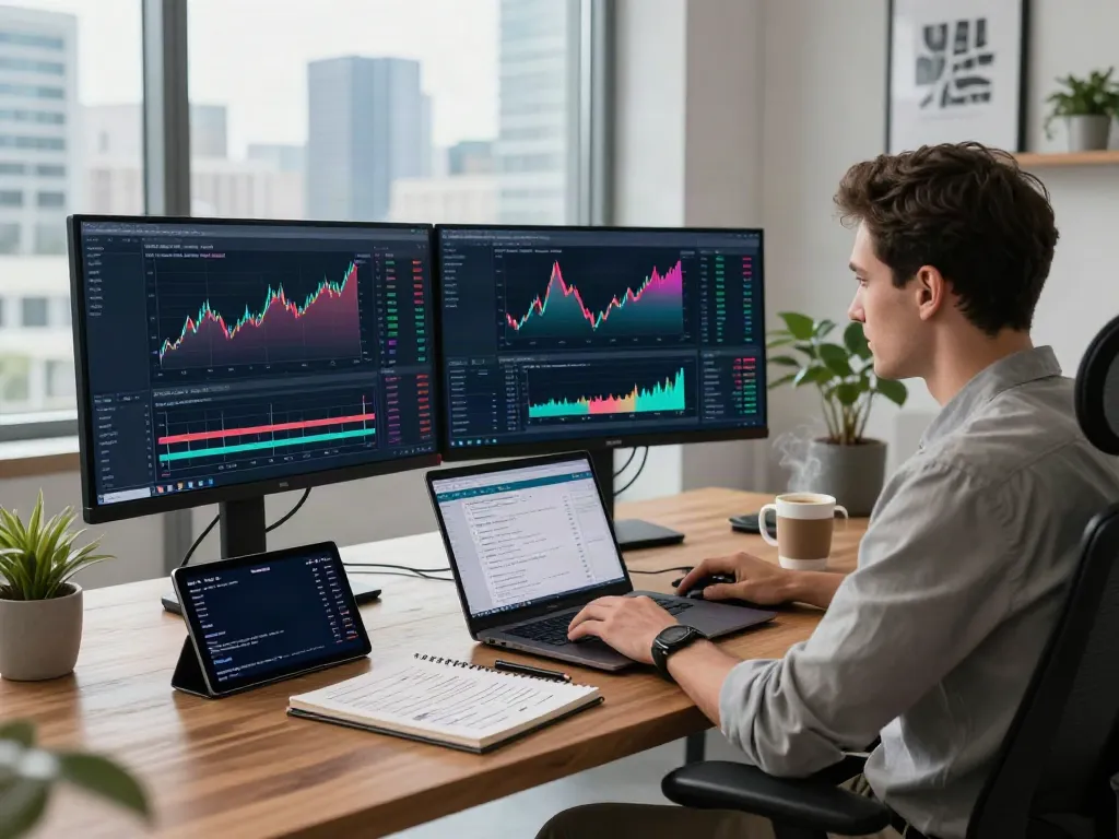 Trader using MetaTrader 5 on dual monitors in a modern office setting