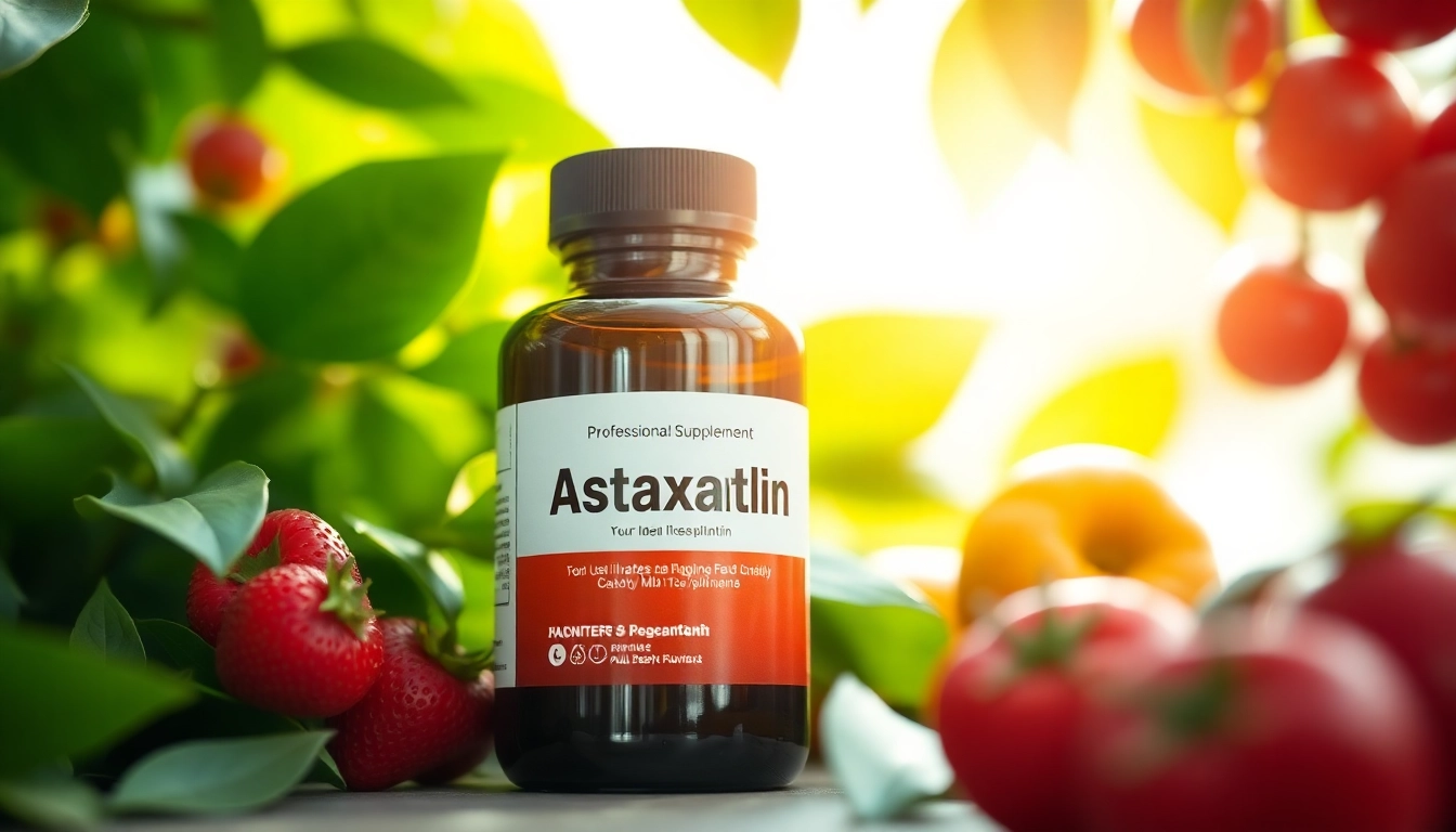 Showcase an astaxanthin supplement for adults with vibrant fruits and greens reflecting health.
