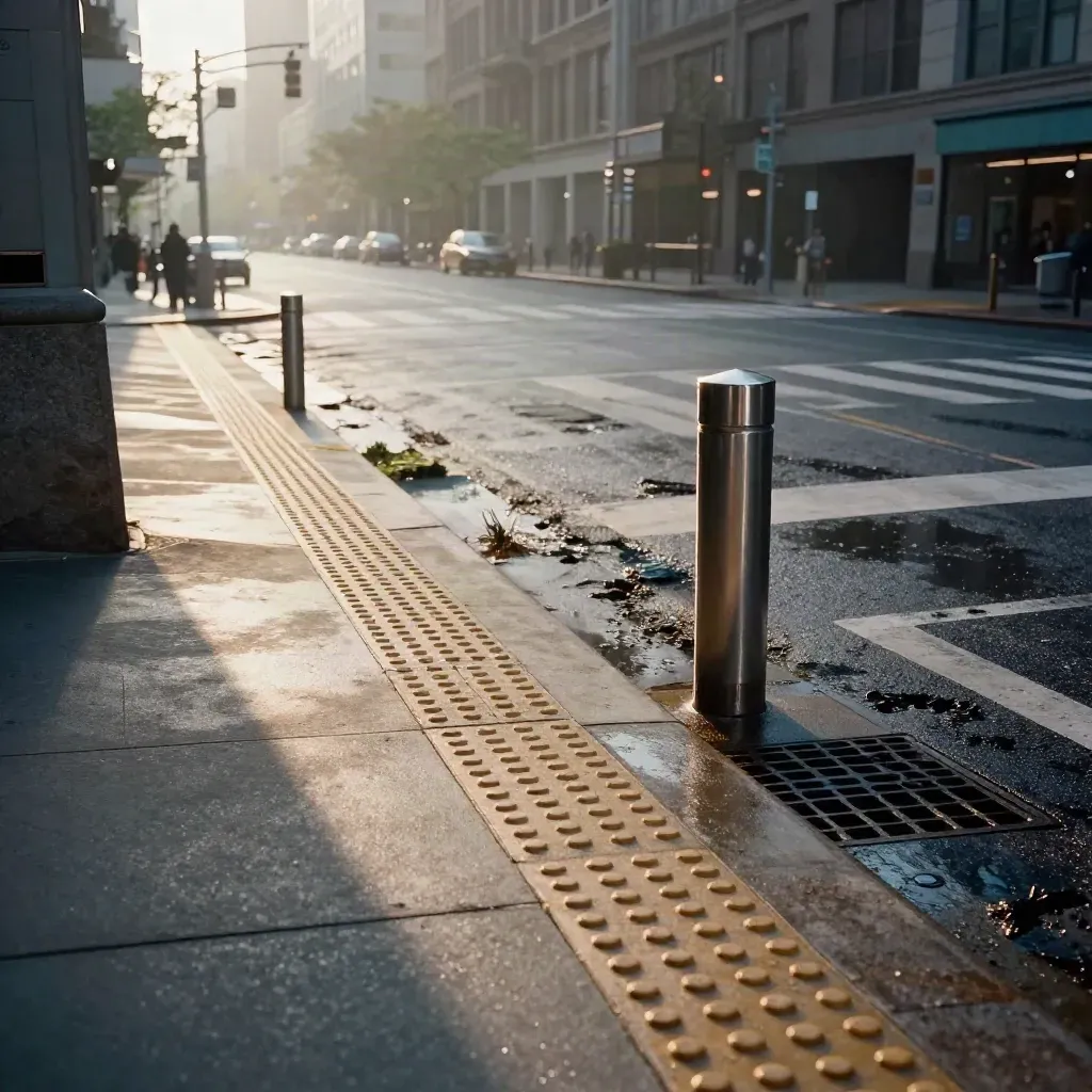 Rainy downtown corner with curb ramp, tactile paving, zebra crossing, bollard and tower at dawn