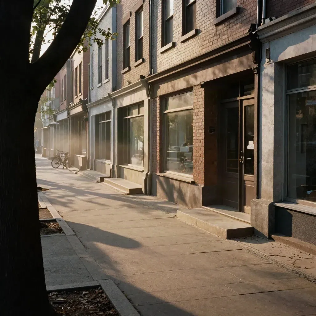 Morning street view of a mixed-use block with curb cuts, tree shade, and continuous sidewalk.