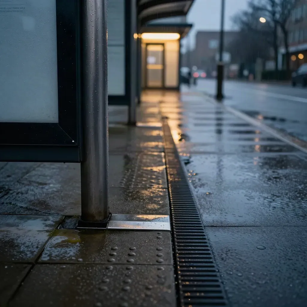 Rain-slick transit island and sheltered connector leading toward a softly lit building entry at dusk.