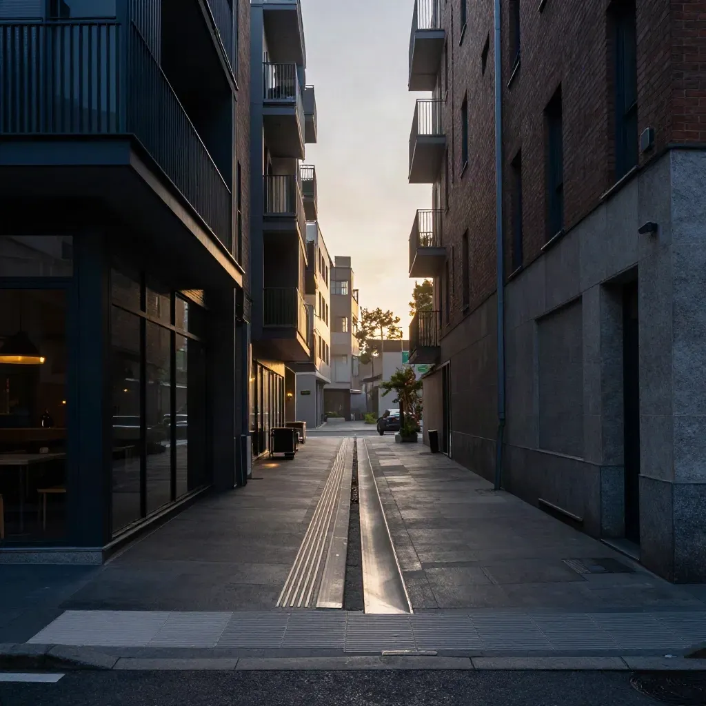 Blue-hour mixed-use block corner with cafés, housing entries, curb ramps, and a narrow alley seam