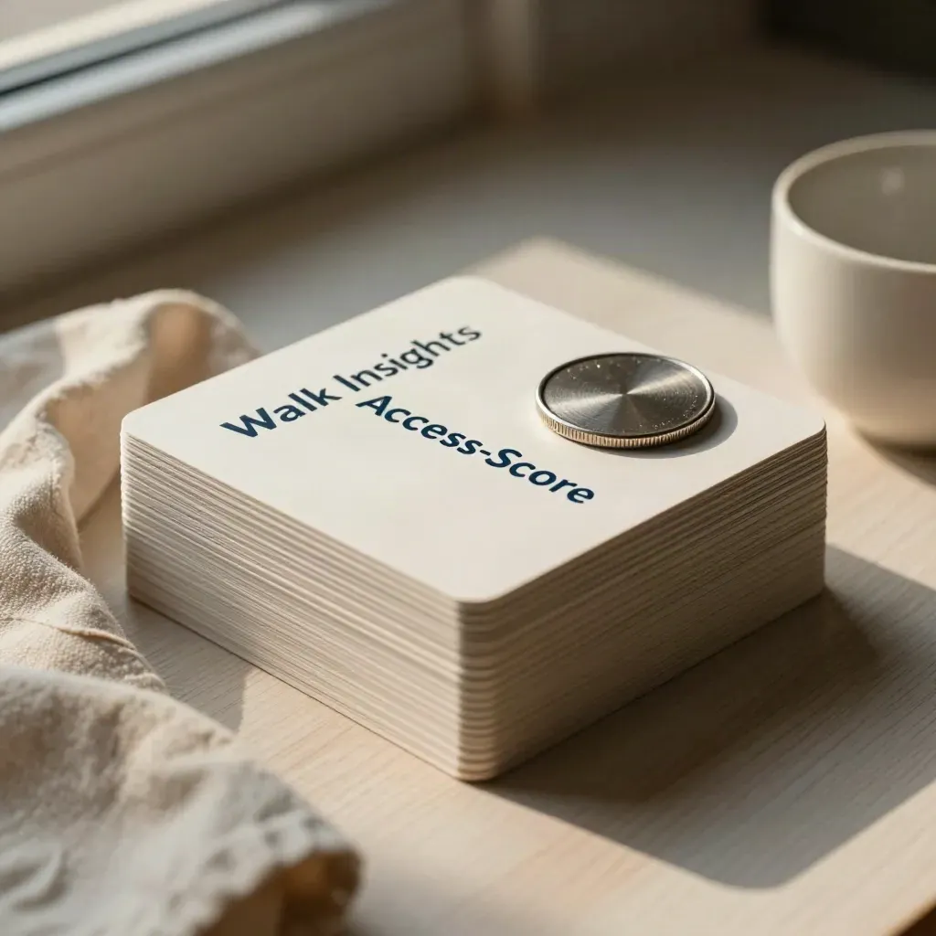 Stacked score cards, metal token, oat cloth and ceramic cup on pale wood.