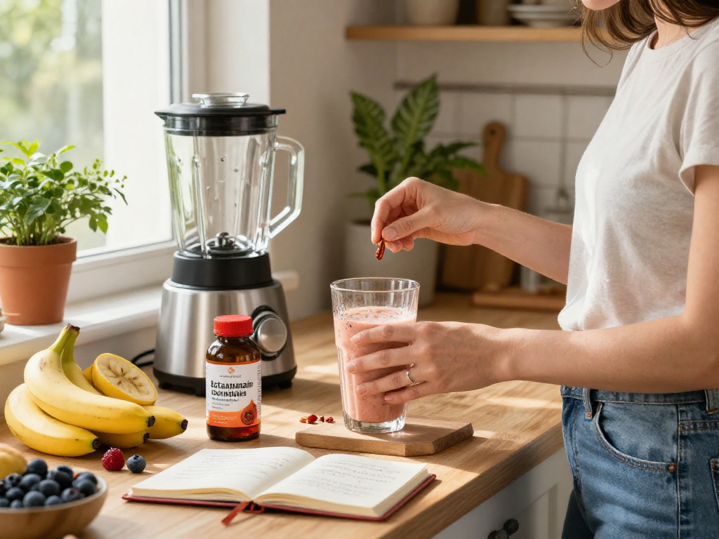 Healthy person incorporating astaxanthin supplement Canada into a smoothie in a vibrant kitchen.