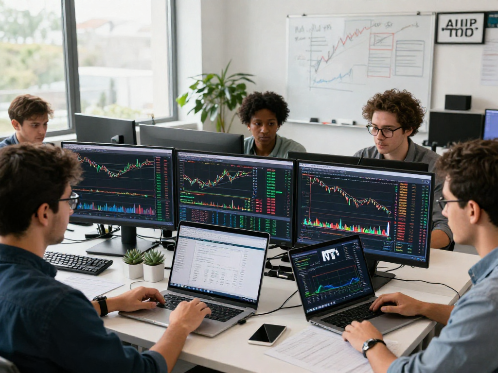 Traders using metatrader 5 in a collaborative finance workspace with charts and market data.