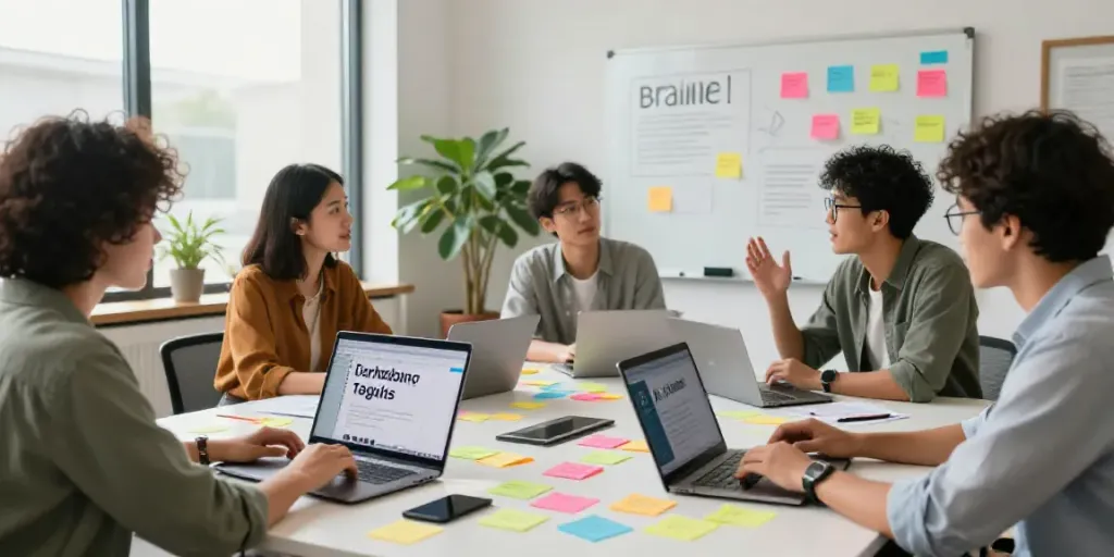 Team brainstorming AI tools for taglines in a modern office.