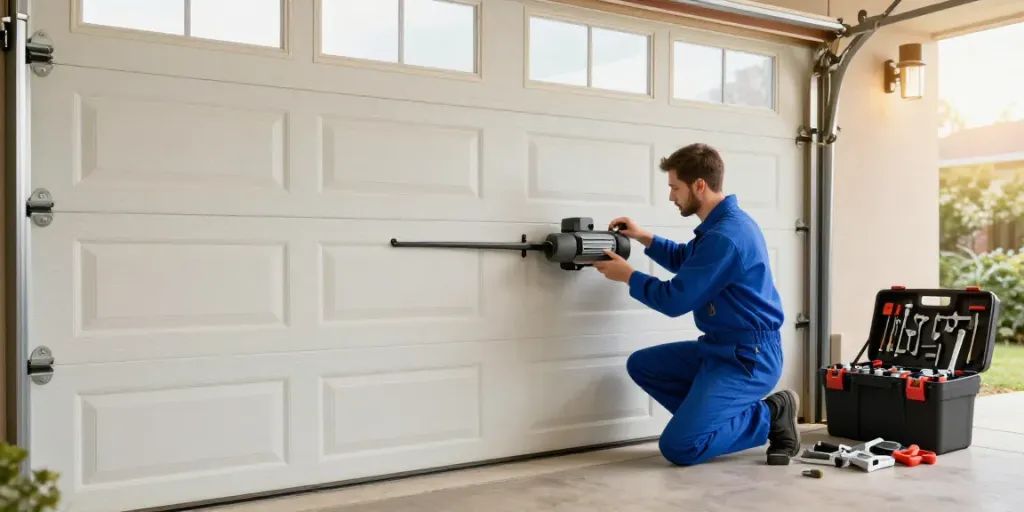 Sectional garage door repair by a technician in a well-lit home garage.